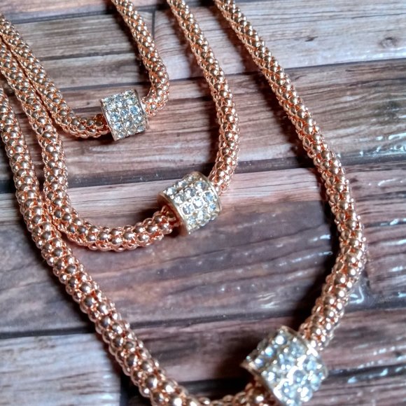 3 Tier Rose Gold Tone Popcorn Chain Each with crystal encrusted rondelle barrel - Picture 9 of 14